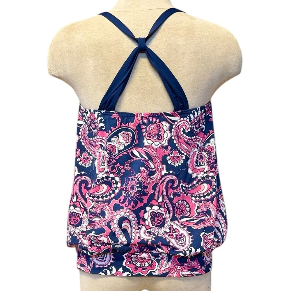 Lands End Tankini Top Swimsuit Swim Tank Paisley Floral Racerback Blouson 10